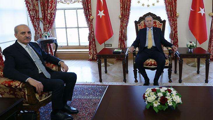 Cumhurbaşkanı Erdoğan, TBMM Başkanı Kurtulmuş ile Dolmabahçe'de Bir Araya Geldi