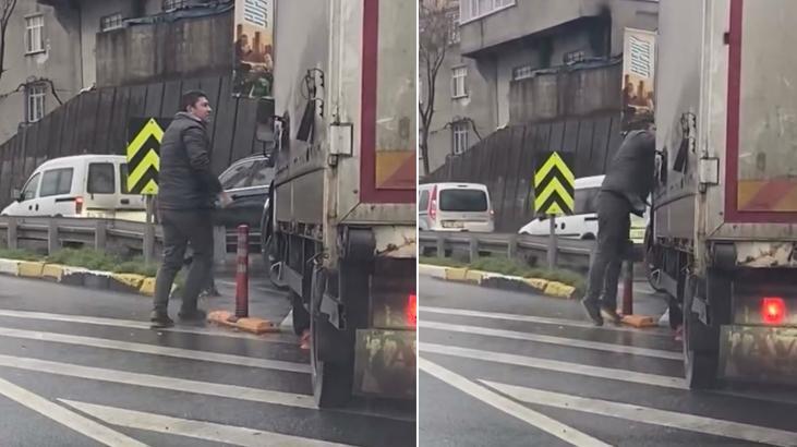Trafikte Öfke Anları: Kamyonetin Önü Kesildi, Camı Yumruklandı
